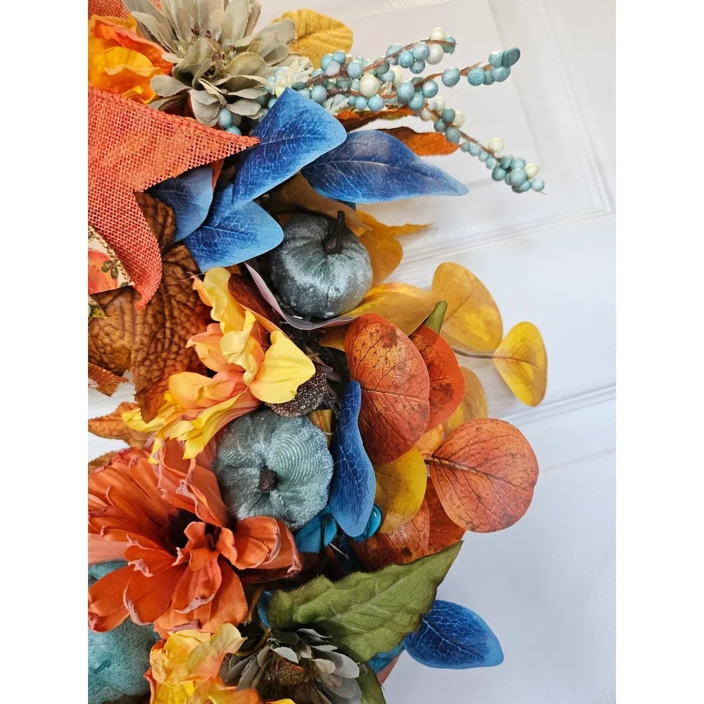 Handmade Fall Wreath Autumn Front Door Decor Teal Orange Pumpkins Sunflowers 24